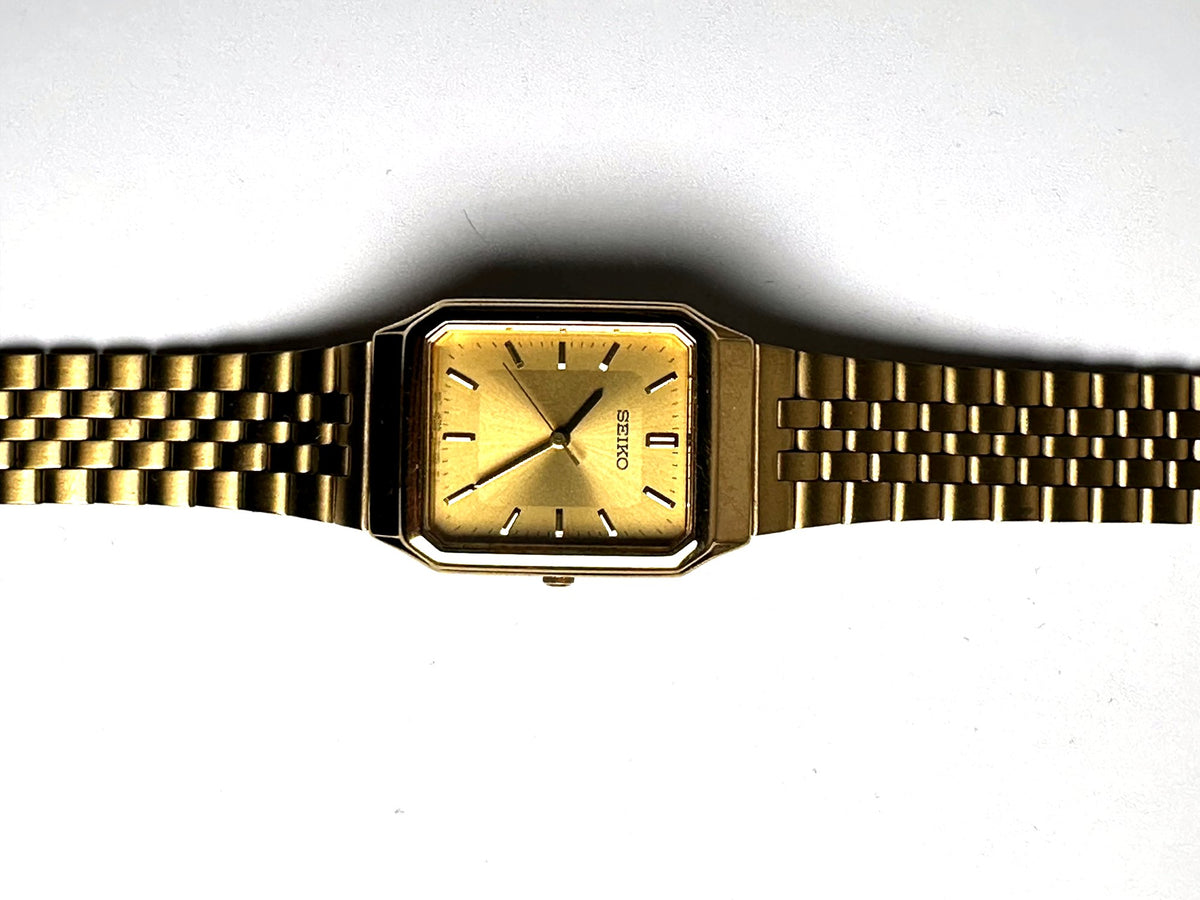 Vintage Seiko Gold Rectangular Quartz Dress Watch, Cal. V701, Original Seiko Bracelet
