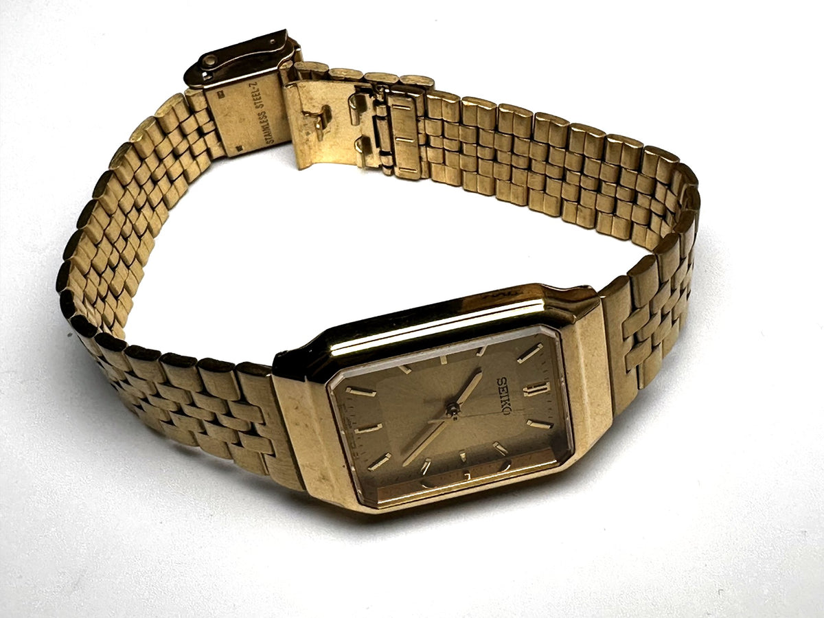 Vintage Seiko Gold Rectangular Quartz Dress Watch, Cal. V701, Original Seiko Bracelet